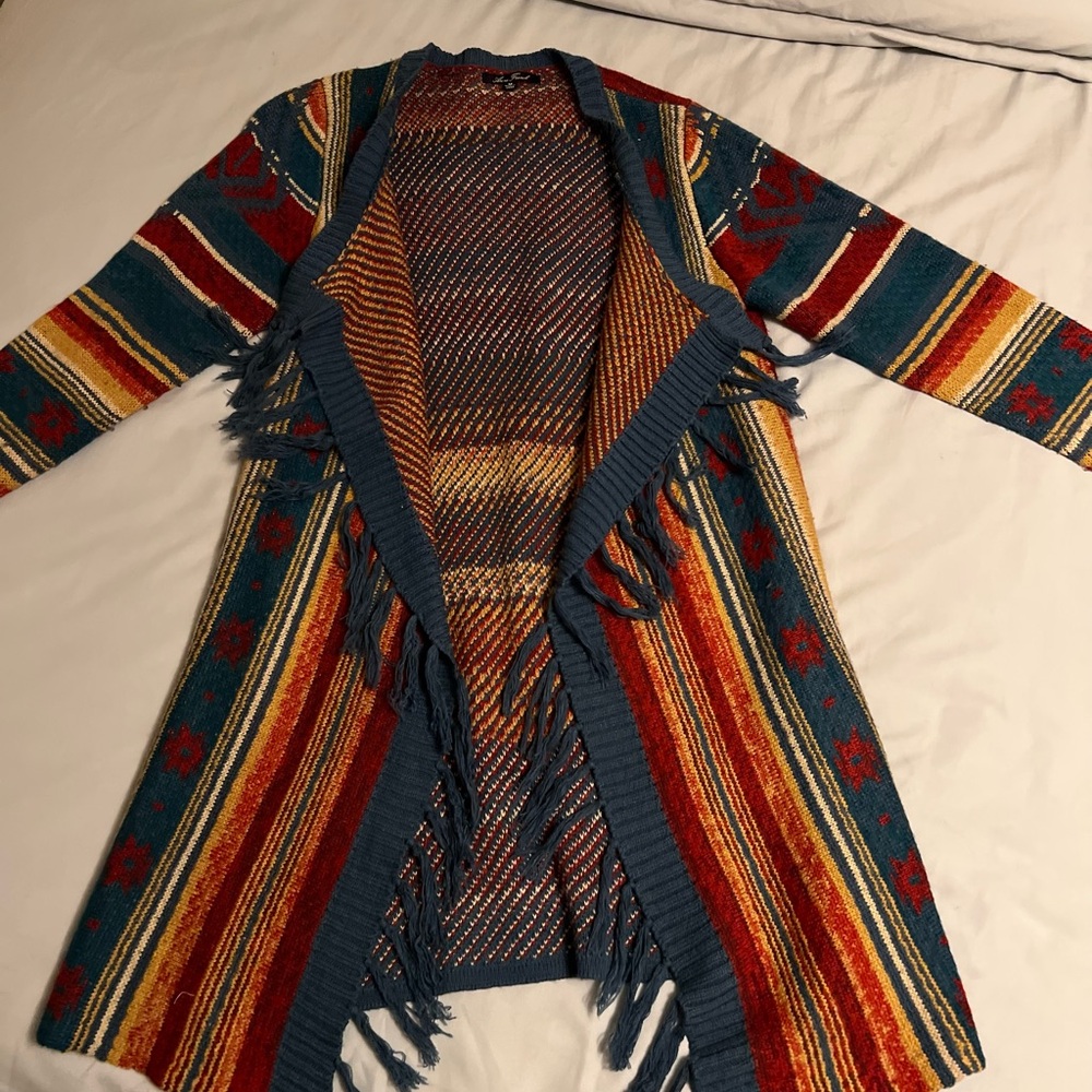 Western Inspired Multicolor Fringe Open Cardigan